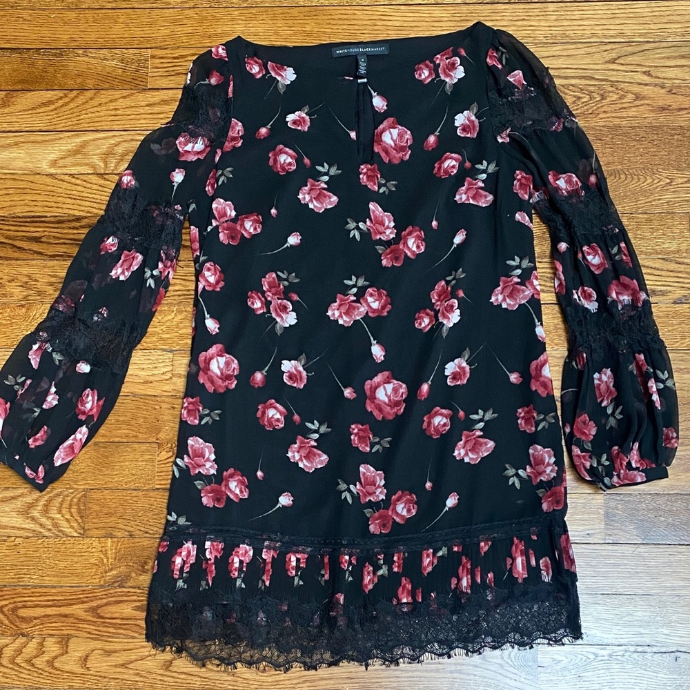 White House Black Market Black and Pink Floral Long Sleeve Dress